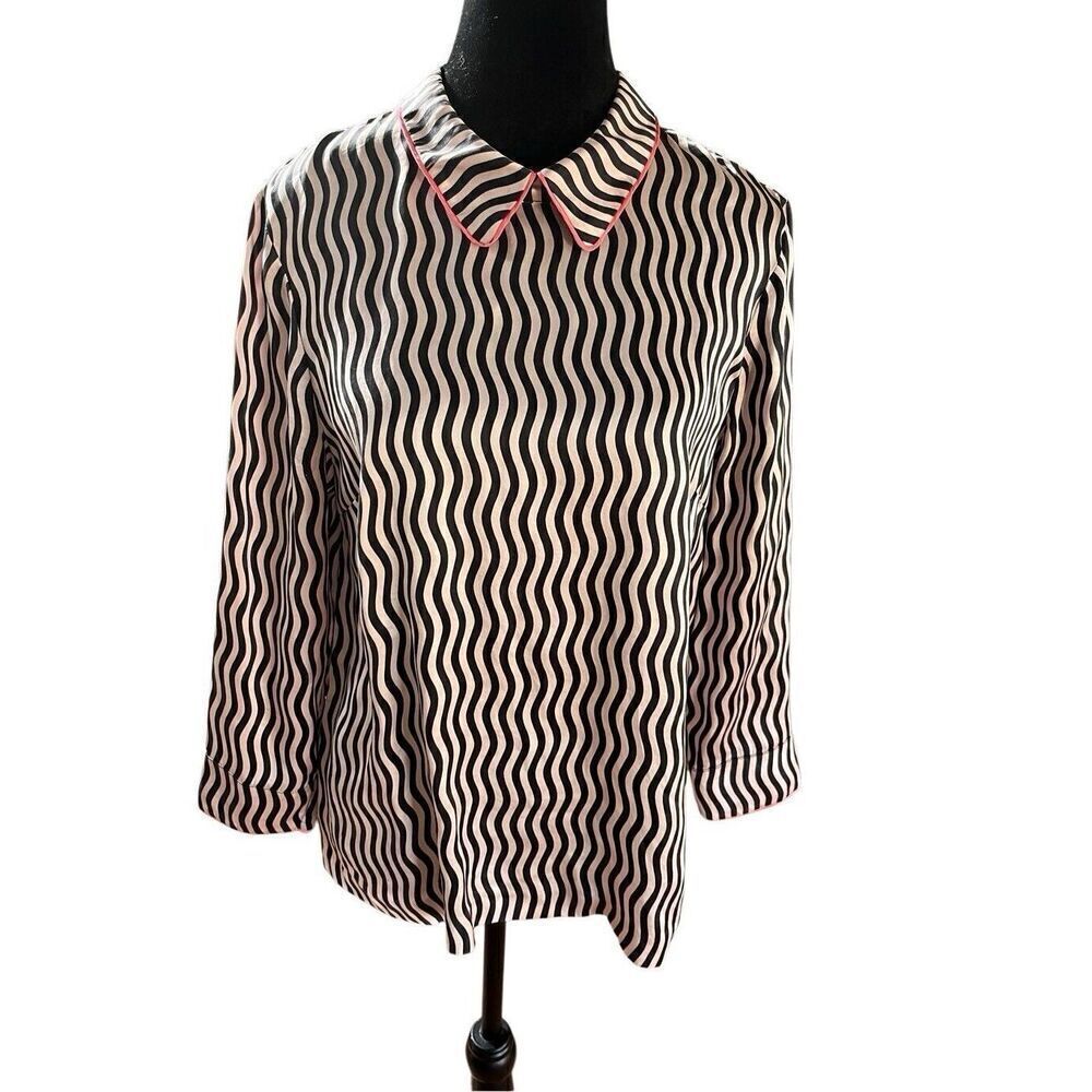 Juicy Couture 100% Silk Crepe Collared Pink Black Squiggly Striped Blouse Size L